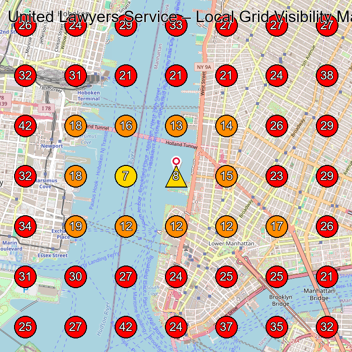 United Lawyers Service GeoGrid visibility map for Legal Services in New York